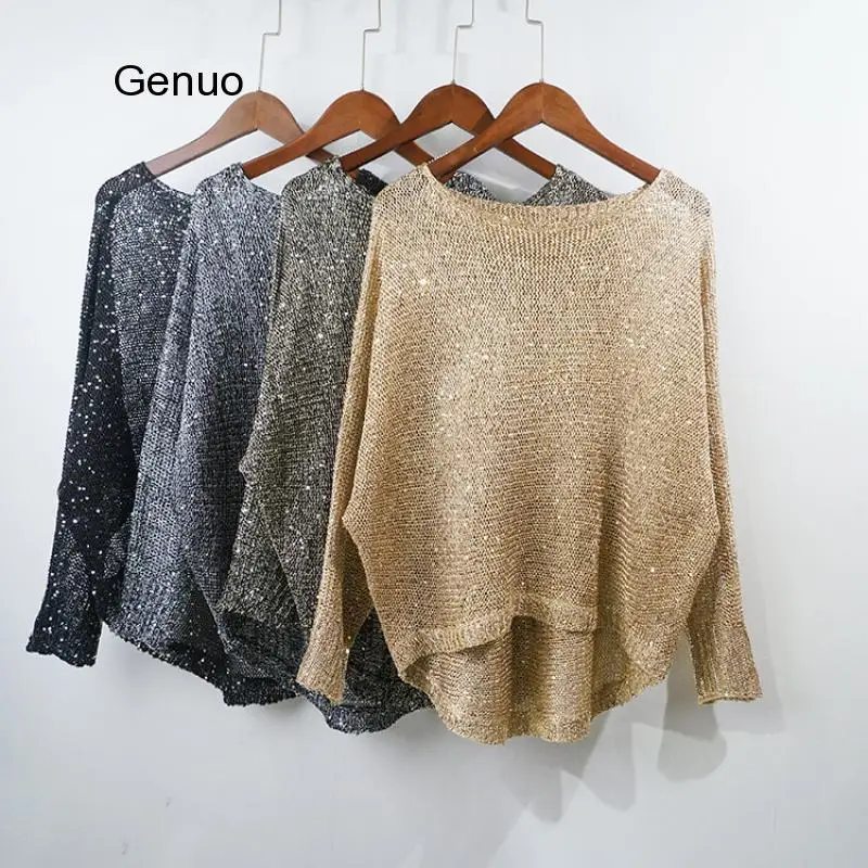 Женский трикотажный пуловер с золотым люрексом серебристая нить длинный рукав