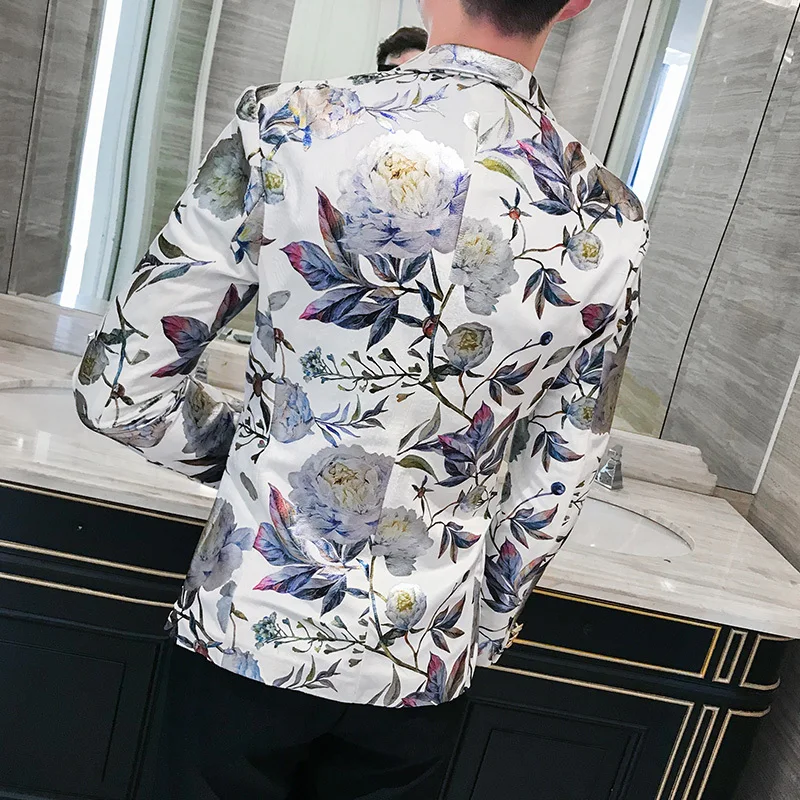 Мужской блейзер с цветочным принтом Черный Повседневный облегающий синими