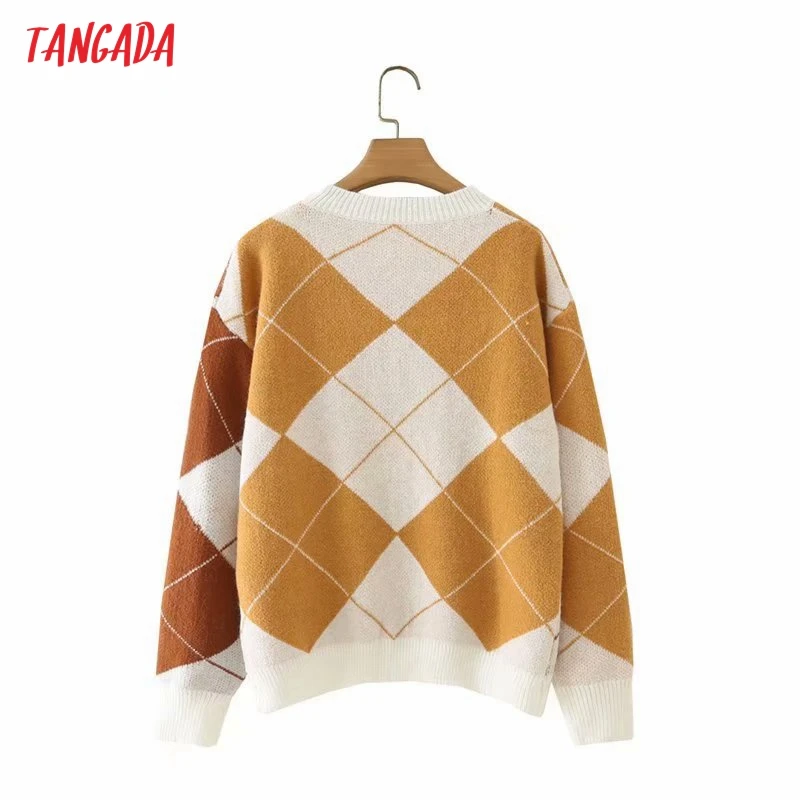 

Tangada Women 2021 Plaid Warm Knitted Sweater Jumper V Neck Female Elegant Oversize Pullovers Chic Tops 2X28