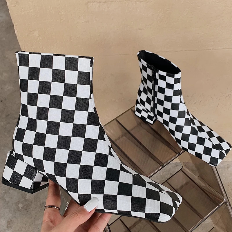 

Fashion Women 2021 New Modern Boots Female Square Toe Low Heels Shoes Ladies Gingham Zippers Shoes Woman Ankle Short Boots