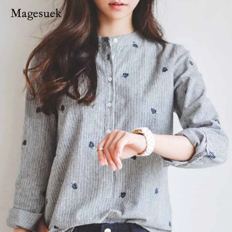 New 2020 Fashion Grey Striped Women Long Sleeve Leaf Embroidery Blouse Shirt Women's Clothing Office Lady's Tops Blusas 335F 30