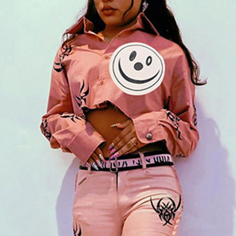 

Autumn New 2021 Clown Printing Solid Color Single Breasted Lapel Long Sleeve Women Jacket Fashion Sexy Navel High Street