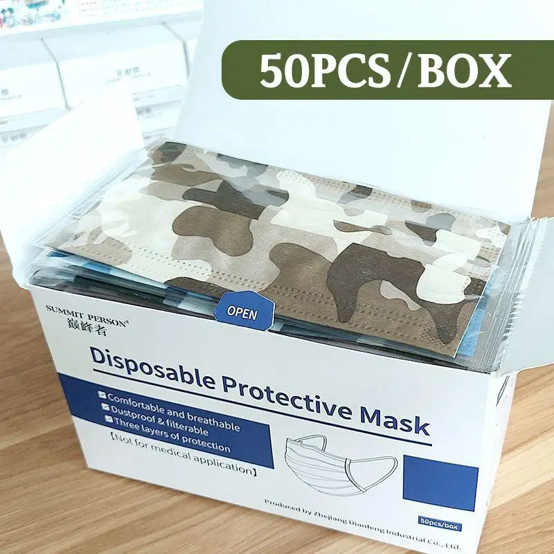 

50pcs/box Kids Camouflage Face Mouth Mask Disposable Nonwoven 3 Layer Filter Blue Pink Independent Packaging Children Adult Mask