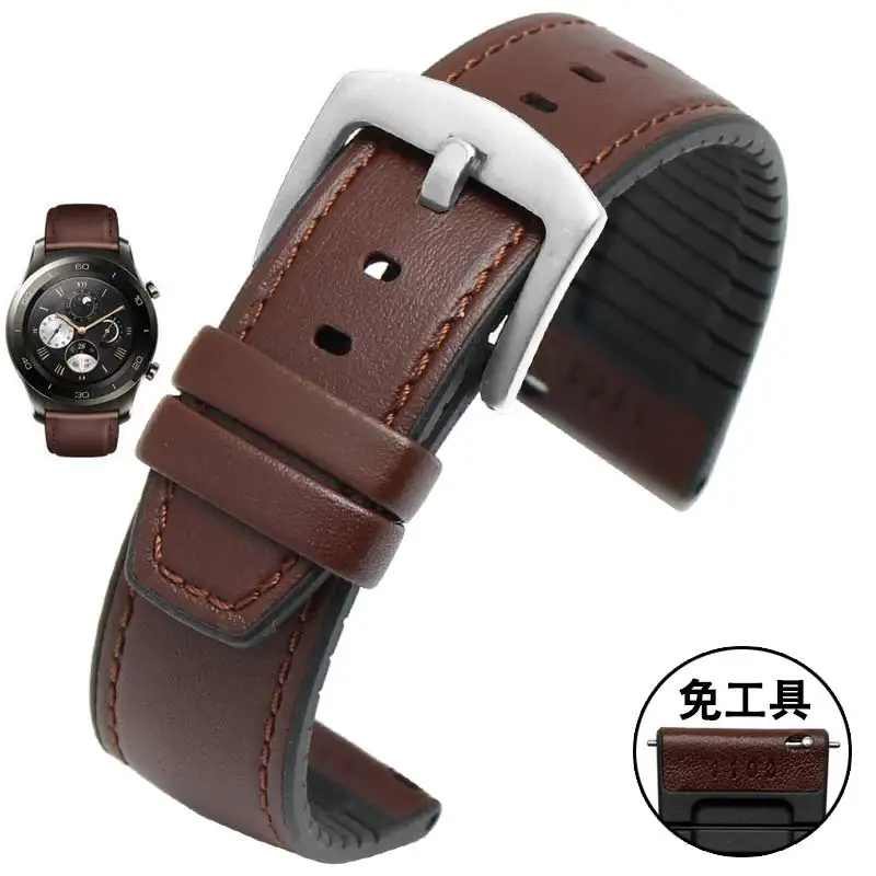 brown-silver clasp 22 мм кожаный браслет для huawei Watch GT magic watch 2pro Смарт-часы в деловом стиле Замена 2 в 1 кожаный силиконовый ремешок - Цвет ремешка: brown-silver clasp