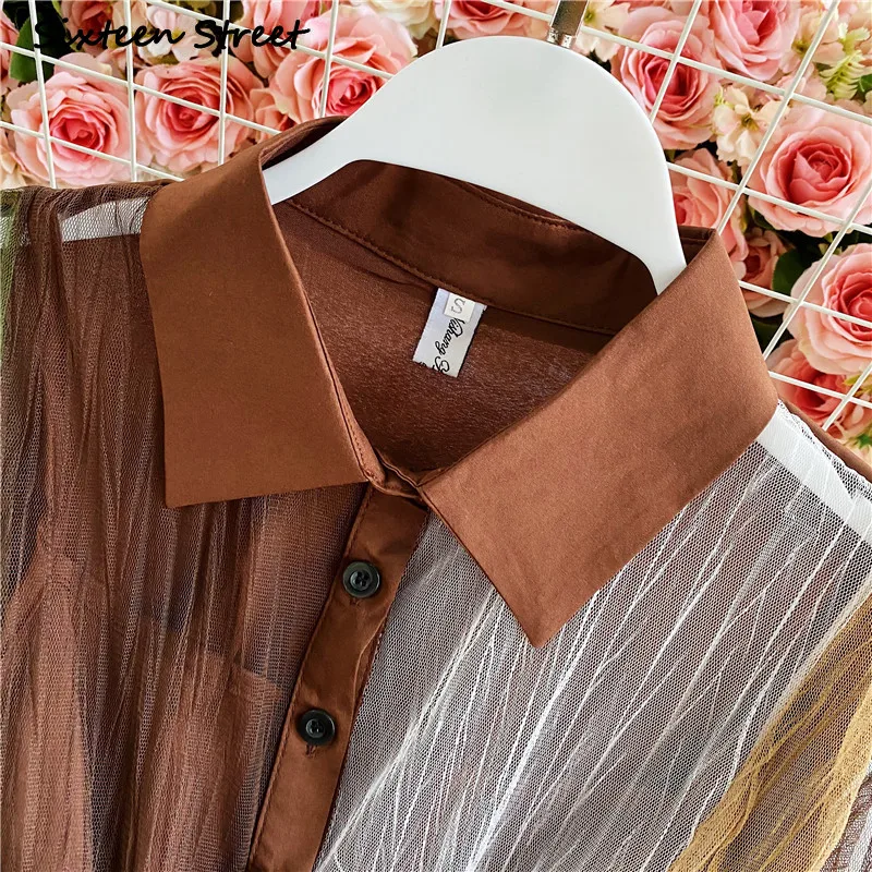 Платье женское весенне-осеннее с рукавом Сетчатое платье-фонарь воротником-поло