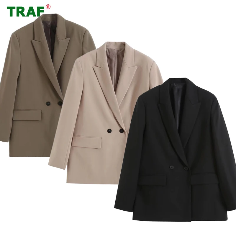 

TRAF Black Office Blazer Woman Khaki Oversized Jacket Women Long Sleeve Double Breasted Blazers Female Suit Loose Women's Coat