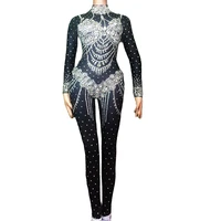personality rhinestones pattern printing shining jumpsuit backless ladies nightclub performance dance costume uniform costumes