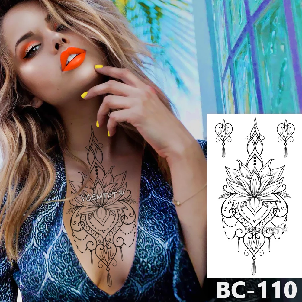 

1 Sheet Chest Body Tattoo Temporary Waterproof Jewelry Lace line modern lotus pattern Decal Waist Art Tattoo Sticker for Women