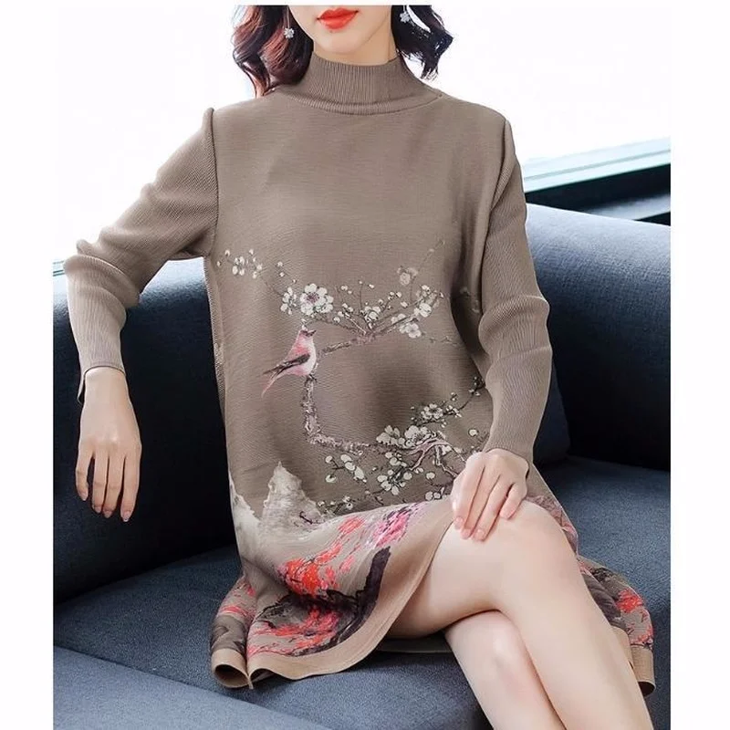 

European station pleated print dress 2021 autumn new fashion temperament high collar loose large size long sleeve dress clothing