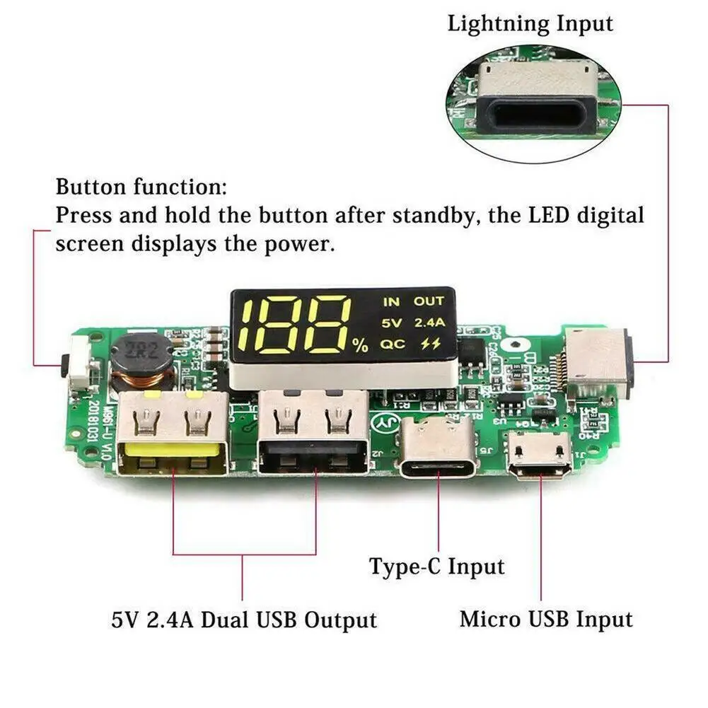Фото Светодиодный двойной USB 5V 2.4A Micro/Тип с портом типа C мобильный Мощность цепи банк Светодиодный двойной USB 5V 2.4A Micro/Тип с портом типа C мобильный Мощность цепи банк