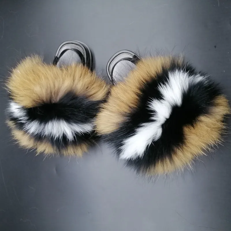 

Fashion Children Amazing Fluffy Fur Shoes Kid's Rainbow Fur Anti-slip PVC Flat Sandals Girl Heel Strap Lovely Plush Fur Slides