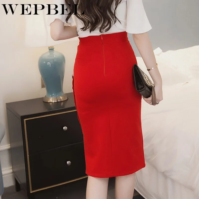

WEPBEL Vintage Office Ladies Skirts Buttons Pencil Skirt Knee-Length 2021 Elegant Skirt Women High Waist Femme Split Bottoms