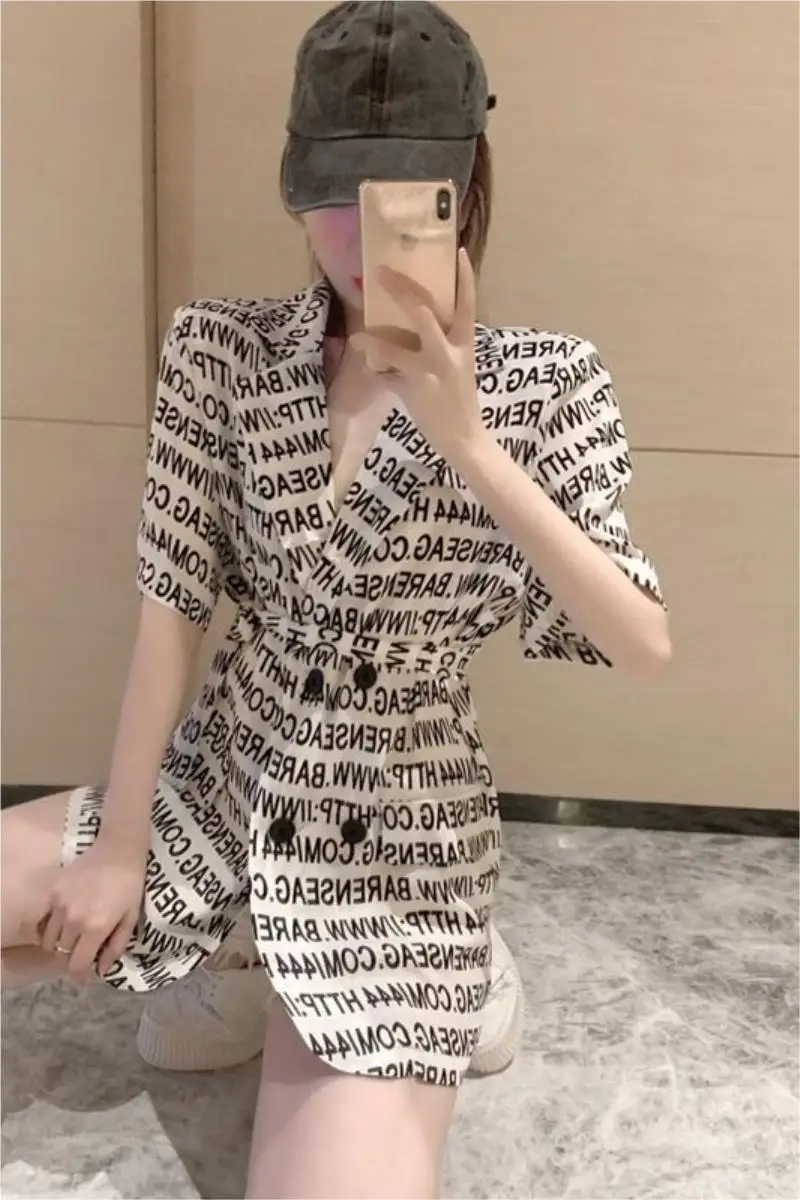 

Korean fashion letter print dress suit neck short sleeve double breasted slim mini dress personalized street style A-line dress