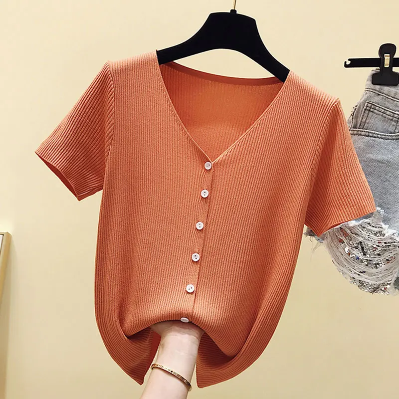 

Knitted V Neck Button T Shirt Women Black Popsocket Basic Solid T-shirt Cotton Korean Style Tee T-shirt Tops Femme 2020 Summer