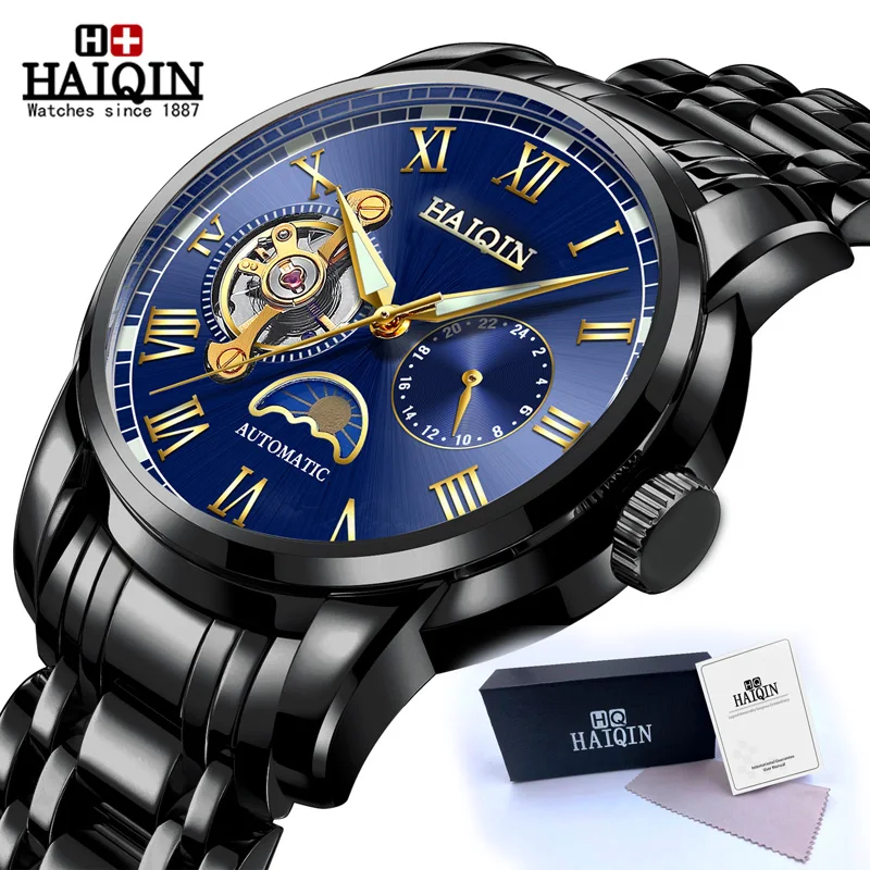 Black Blue S HAIQIN водонепроницаемые мужские часы с скелетом из нержавеющей стали, роскошные брендовые прозрачные механические Спортивные мужские наручные часы - Цвет: Black Blue S