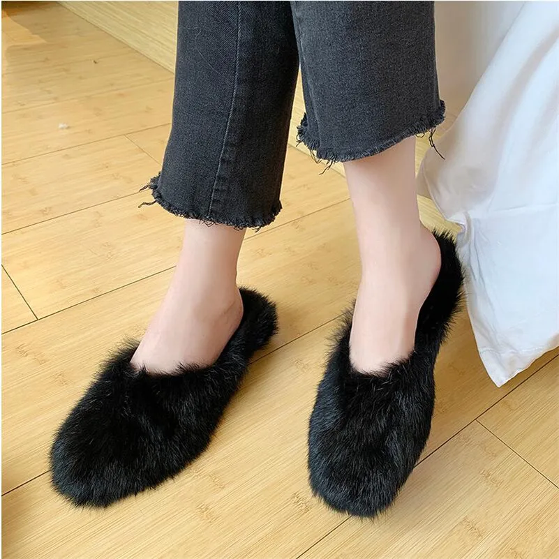 

2019 autumn and winter new cute fur shoes flat bottom rabbit fur half slippers women's shoes outside wearing women's shoes