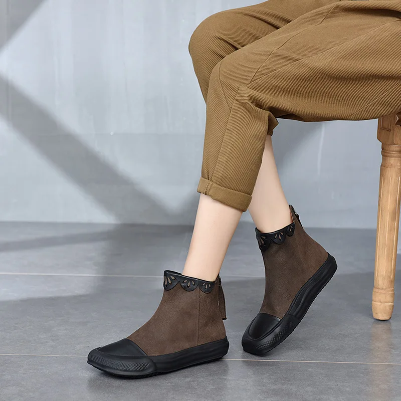 

Birkuir Women Platform Boots Flats Heel Belt Buckle Square Toe Short Boots Genuine Leather Soft Women Shoes Fashion Ladies Boots