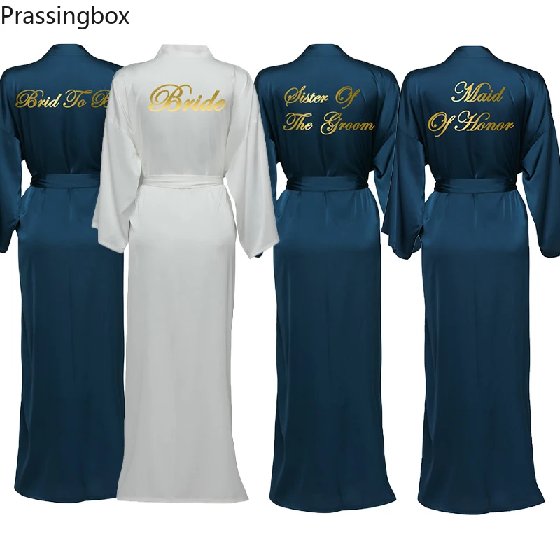 Silk Satin Long  Robes Long Sleeve Navy Custom Bridesmaid Robes Bride Robe Women Long Wedding Bathrobe and Homewear