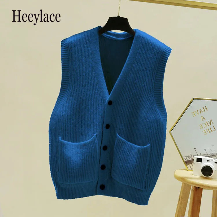 

Жилет женский вязаный однотонный с карманами, кардиган без рукавов с V-образным вырезом, свободный свитер в Корейском стиле, безрукавка, на о...