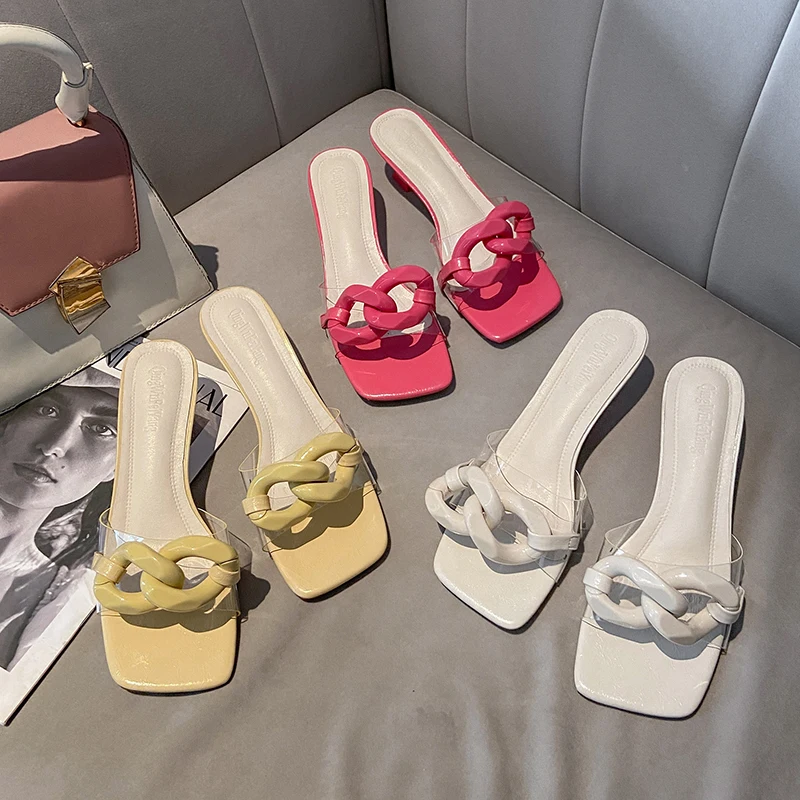 

Chain Decoration Women Summer Slides 2021 High heels Outdoor Female Slippers Transparent PVC Beach Slippers Fashion Shoes