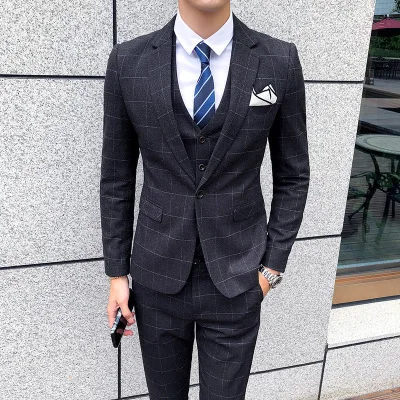 

Wedding Suit Men Slim Fit Plaid Suit 3pc Set Male Groom Blazers Pants Man Formal Business Work Wear Suits Costume Homme Dress