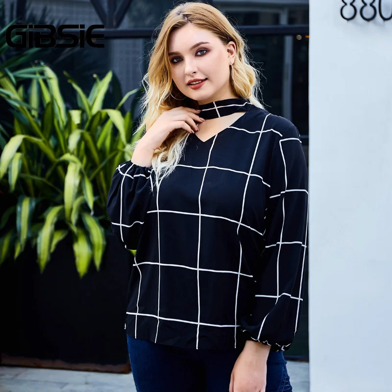 Женская блузка-чокер GIBSIE элегантная офисная блузка в клетку с длинным рукавом и