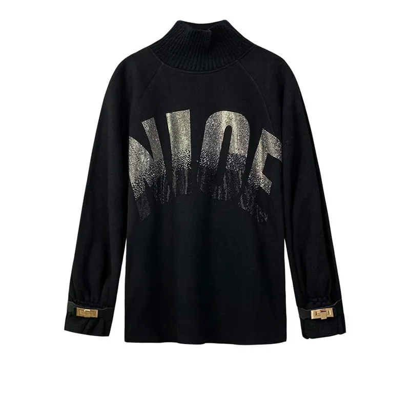 

XITAO Patchwork Letter Casual Sweatshirt Women Belt Winter Tide Fashion New Style Turtleneck Collar Long Sleeve Pullover ZY2607