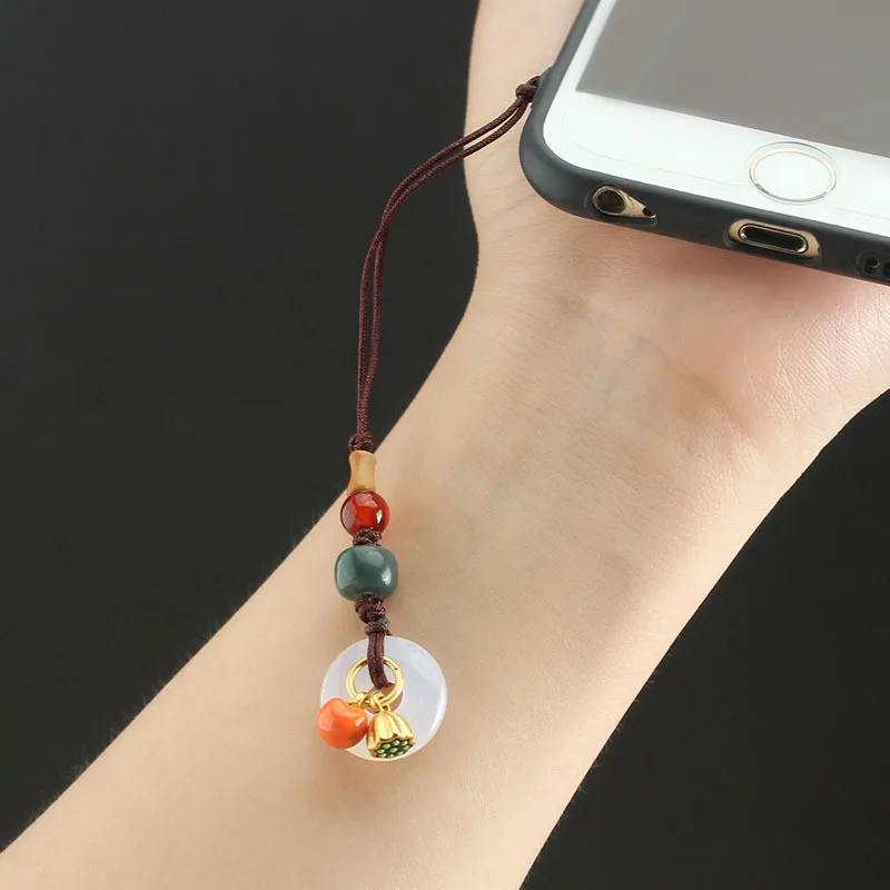 

Chinese elements chalcedony safe buckle mobile phone lanyard sand gold brass cloisonne lotus phone chain U disk bag ornaments