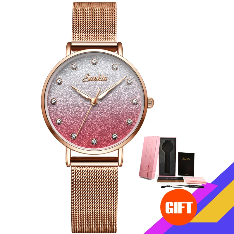 Sunkta женские часы модные кварцевые Дамский сетчатый ремешок высококачественные