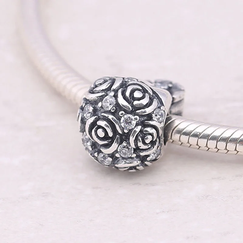 

Top Quality Bouquet Flowers with Crystal Bead fit Women Bracelet Bangle Authentic 925 Sterling Silver Jewelry