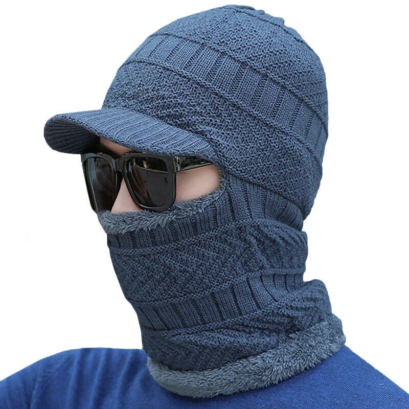 

New Men Winter Knitted Hat and Scarf Warm Faux Fleece Caps with Ring Neck Warmer Black Windproof Face Mask Dropshipping