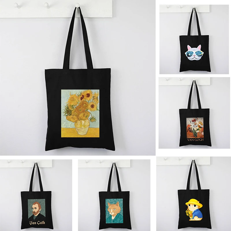 

Shopping Bag Graphic Van Gogh Pattern Canvas Tote Bags Foldable Shopper Bag Student Book Bags Vintage Shoulder Bags Classic