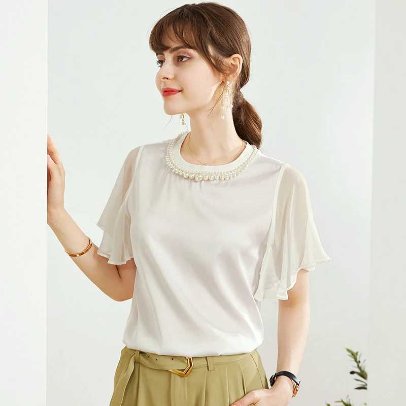

100% Pure Silk Women's Runway Shirts O Neck Short Flare Sleeves Beaded Fashion Casual Blouse Tops