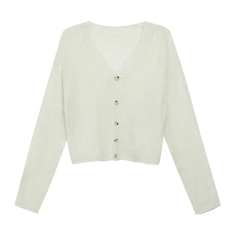 

Korean Autumn Winter Clothes Women New Lazy Single-breasted V-neck Long-sleeved Silver Mohair Knitted Cardigan Women Sweater