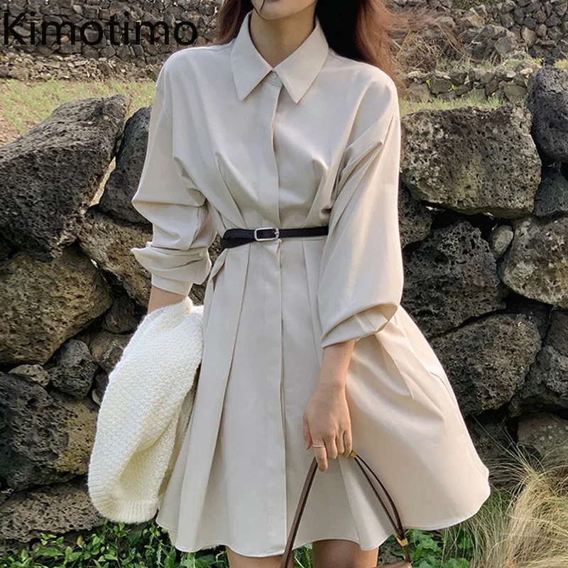 

Платье Kimotimo женское шикарное зимнее простое однобортное платье-рубашка средней длины с поясом и длинными рукавами