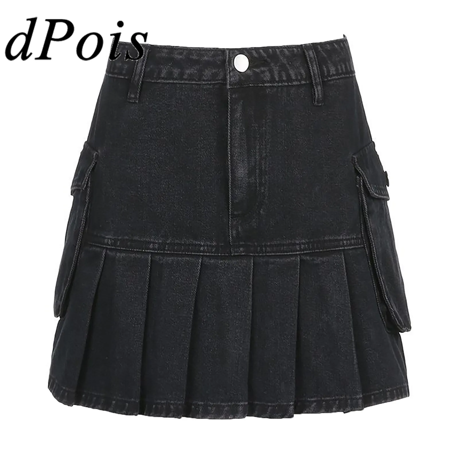 

Y2K Women Stylish Big Pockets Jean Skirts High Waist Pleated Hem A-Line Denim Short Skirt for Casual Wear Punk Style Skirt