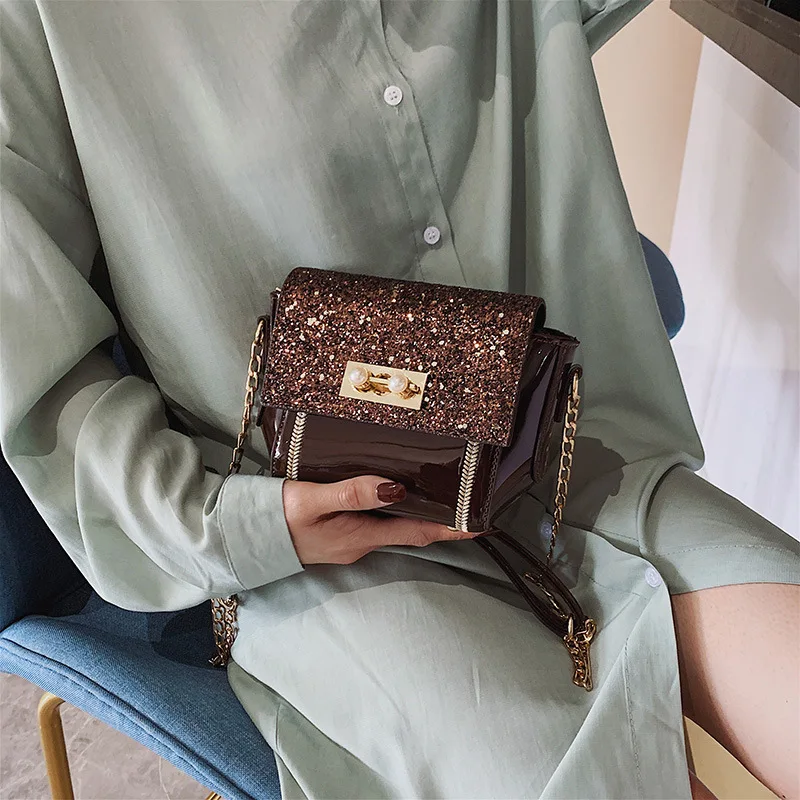 Модная сумка через плечо из лакированной кожи с блестками женская на