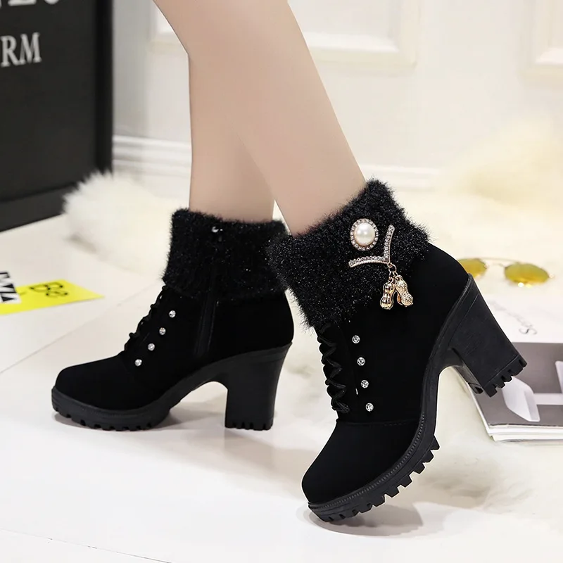 

High Heel Winter Shoes Women Winter Boots Fashion Women's High Heel Boots Plush Warm Fur Shoes Ladies Brand Ankle Boots