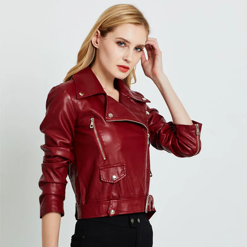 Autumn Women Faux Leather Jacket Biker Red Black Coat Turn Down Collar PU Motorcycle Jackets Slim Streetwear Outerwear with Belt