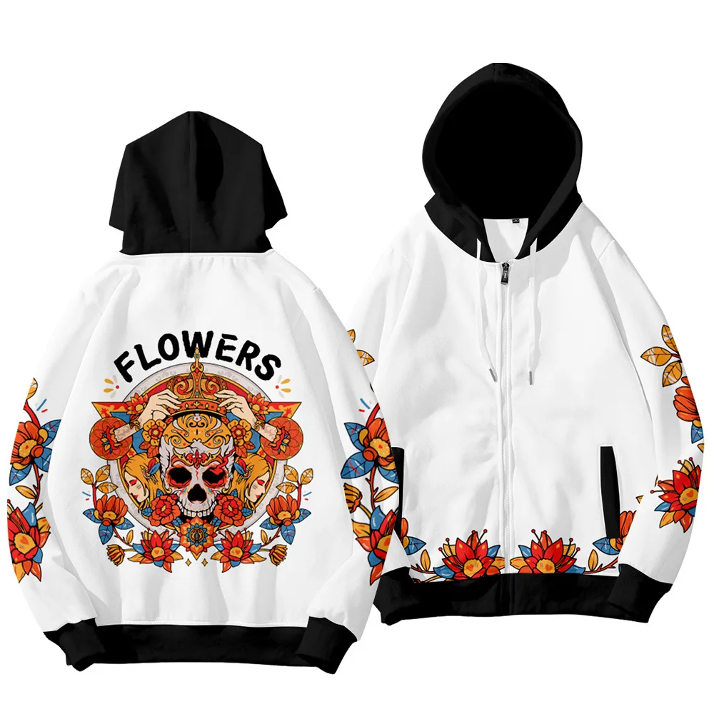

Mens Hooded White Skull Print Jacket Spring Autumn Casual Vintage Loose Hoodie Coats Hip Hop Streetwear