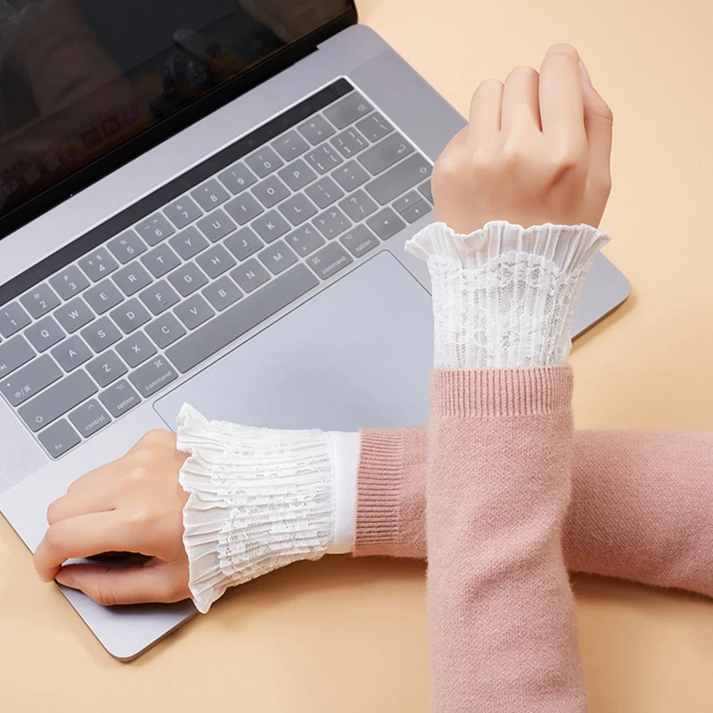 Women Winter Double Layer Horn Cuffs Hollow Out Floral Lace Wrinkled Ruffled Fake Sleeves Sunscreen Detachable Wrist Warmer |