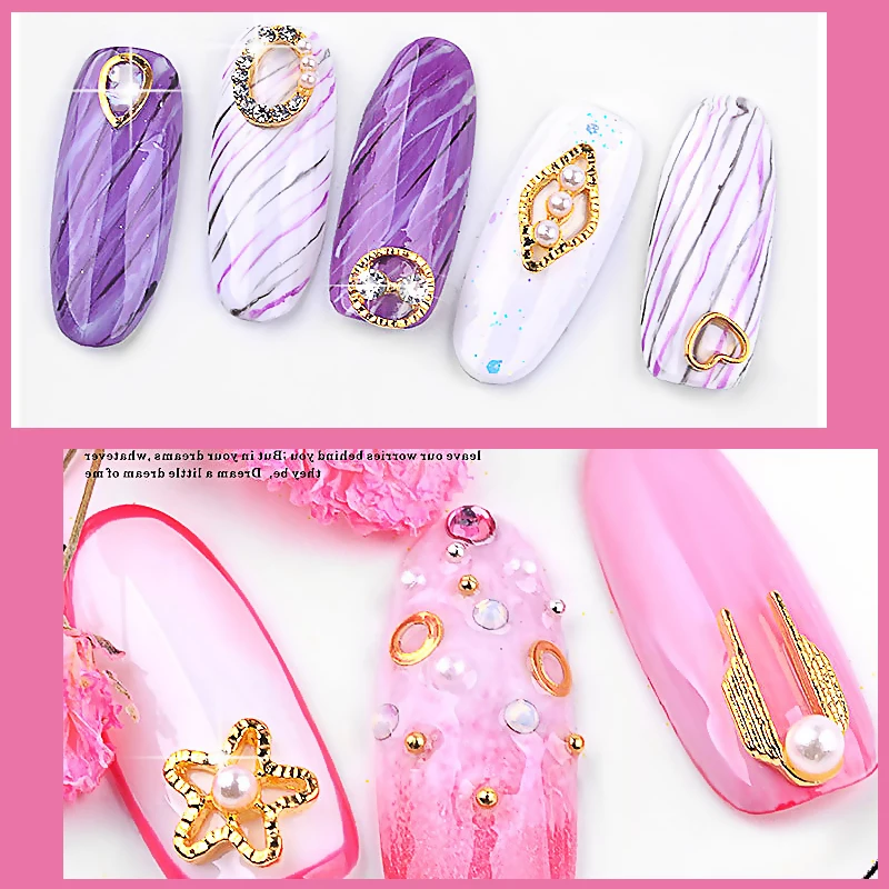 

Metal Bottom Heart Round Star Triangle Nail Art Alloy Decoration With Pearl Colorful Rhinestone 3D Nail Art Decoration
