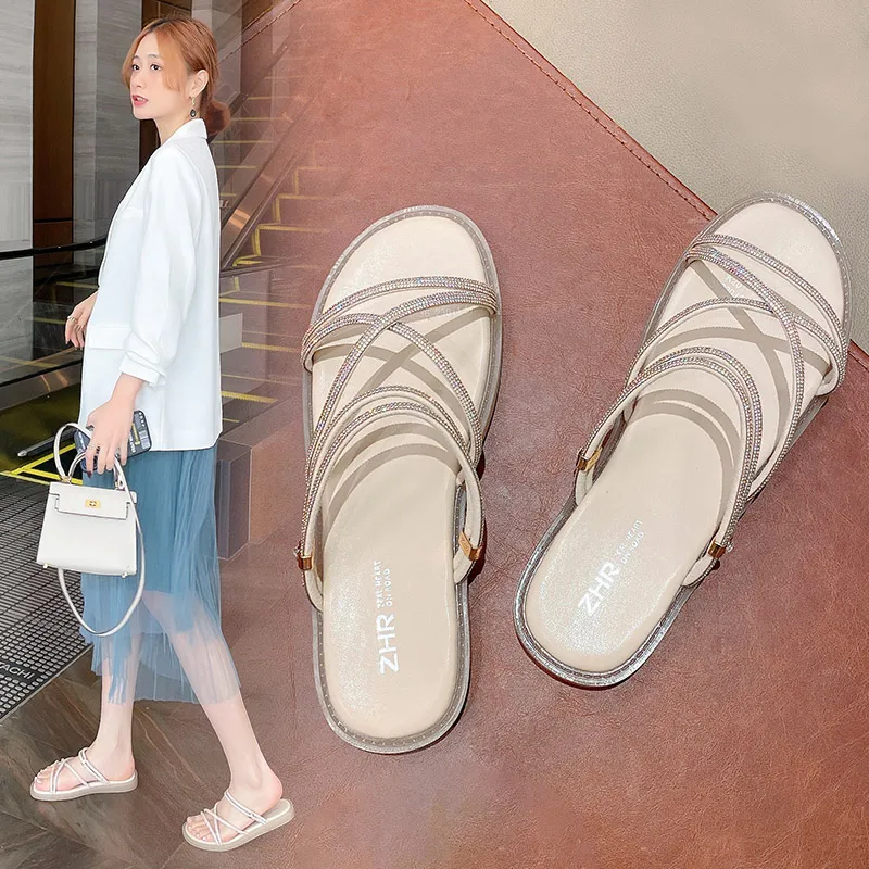 2021 Women Sandals Summer New Sparkly Rhinestone Thin Belt Flat Flip Flops Classic Open Toe Comfortable Slides Fashion Footwear images - 6
