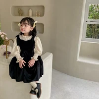 girls temperament black lace up tank sling dresses and bottoming shirt children solid color cotton ruffles princess dresses