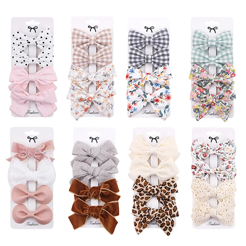 4Pcs Baby Girl Hair Clips Leopard Print Big Bows Children Barrettes Flower Lattice Printed Kids Hairpins Baby Hair Accessories