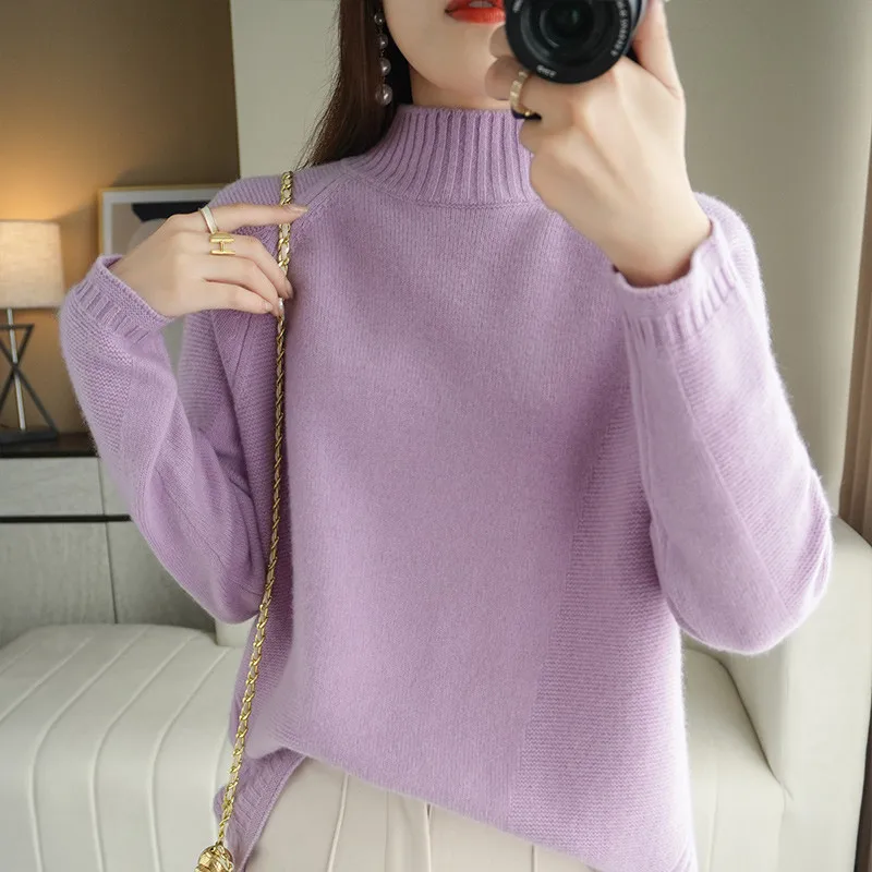 

Autumn winter new cashmere sweater women's half high neck pullover loose casual knitted top 100% wool women's jacket soft warm