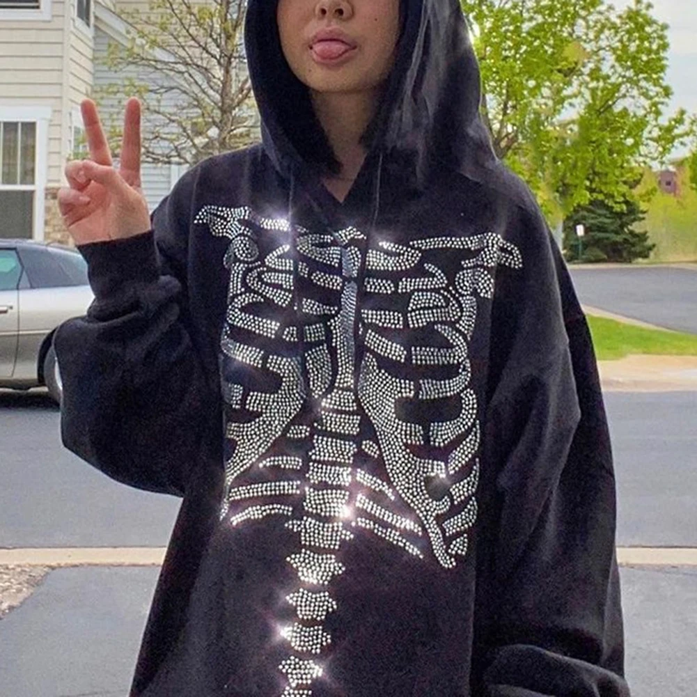 

Goth Black Oversized Hoodies Women Skulls Diamond E Girl Y2K Pullovers Long Sleeve Casual Autumn Sweatshirts Tops