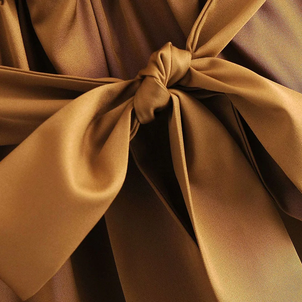 

2021 Casual Elegant Women Breathable Dropped Dress With Belt V-Neck long sleeve with lace up European and American style brown