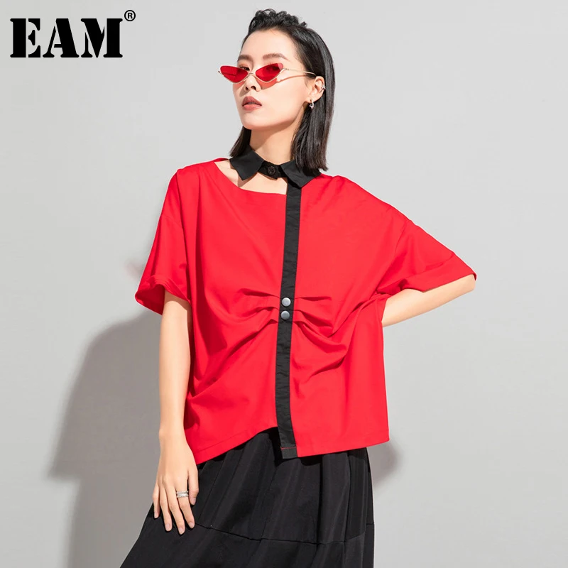 

[EAM] Женская Черная открытая плиссированная Повседневная футболка большого размера, новая модная футболка с отворотом и коротким рукавом, в...