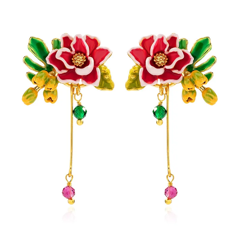 

New Fashion Earrings Hand-painted Enamel Red Flower Stud Earrings Long Sen Earrings Niche Design Ear Clips No Pierced Women